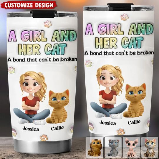 Discover A Girl And Her Cat - Personalized Custom 3D Inflated Effect Tumbler