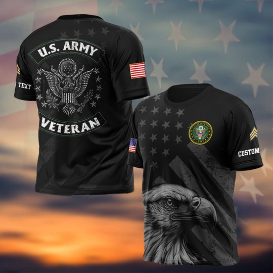 Discover Customized US Veteran With Eagle US Flag Background 3D Tshirt