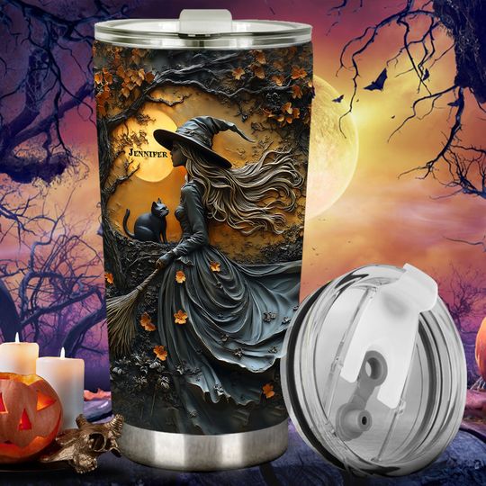 Discover Beautiful Witch & Her Black Cat - Personalized Witch Tumbler