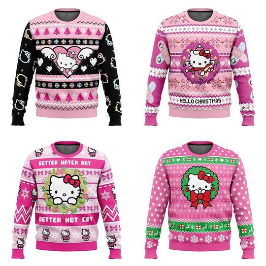 Discover Anime Sanrio Hello Kitty Round Neck Sweatshirt Kawaii Spring and Autumn Thin Printing Tops Clothes Girl Cute Hoodie Holiday Gift
