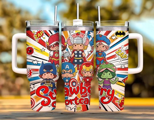 Discover Custom Strawberry Character Super Hero Tumbler, Pastel Line Art Cup with Cute Animal Drawing,  40oz Tumbler Handle