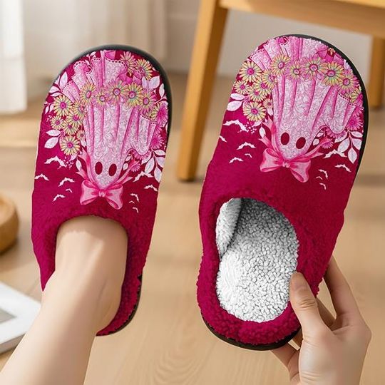 Discover Cute Lace Ghost Breast Cancer Cozy Slipper Spooky Season Party Fluffy Slipper, Trick Or Treat