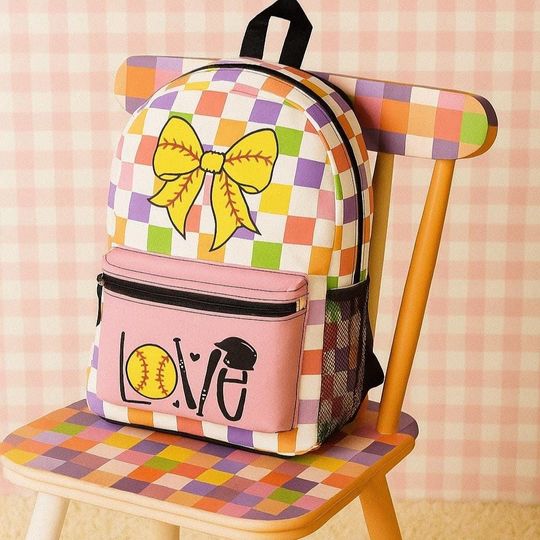 Discover Pink Softball Love Colorful Checkered Backpack, Perfect for Sports Fans