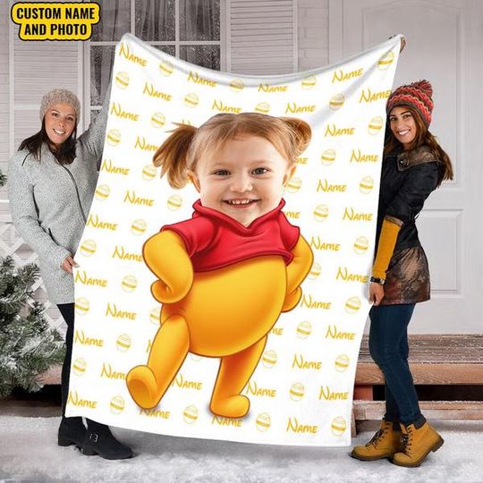 Discover Personalized Photo Face Baby Pooh Blanket, Disneyyy Pooh Birthday Blanket, winniee the poohh Baby Custom Name Blanket Birthday Gift