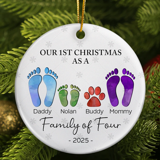 Discover First Christmas As A Family Of Four Footprints - Personalized Circle Ceramic Ornament