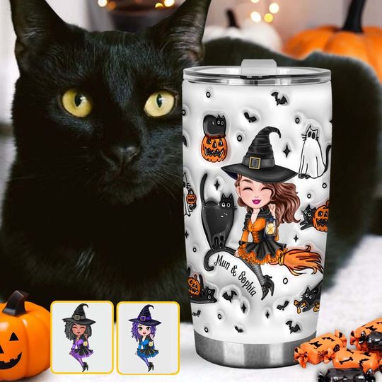 Discover Cute Witch Halloween Ghost Boo Cat - Personalized Witch Tumbler