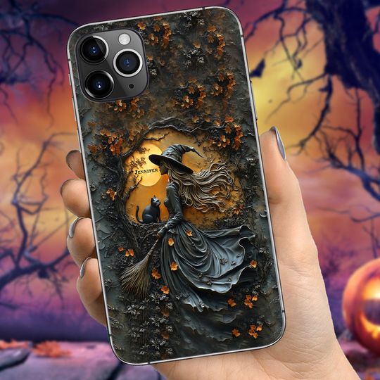 Discover Beautiful Witch & Her Black Cat - Personalized Witch Phone Case