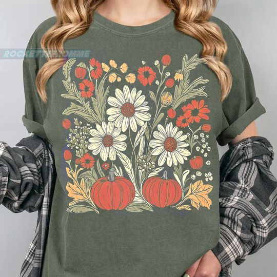 Discover Boho Floral Fall Comfort Colors Shirt  Retro Autumn Pumpkin Season Tee, Vintage Fall Graphic Tshirt, Cozy Pumpkin Aesthetic Shirt