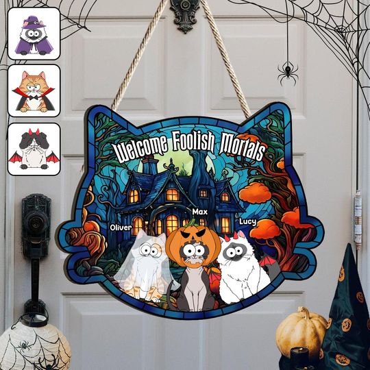 Discover Welcome Foolish Mortals - Personalized Cat Custom Shaped Wood Sign