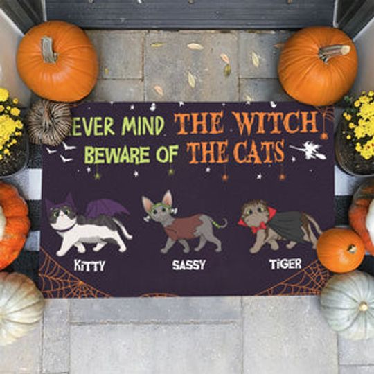 Discover Never Mind The Witch, Beware Of The Cats - Personalized Decorative Mat, Halloween Ideas