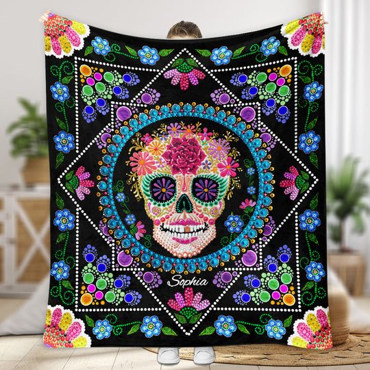 Discover Colorful Sugar Skull - Personalized Skull Blanket