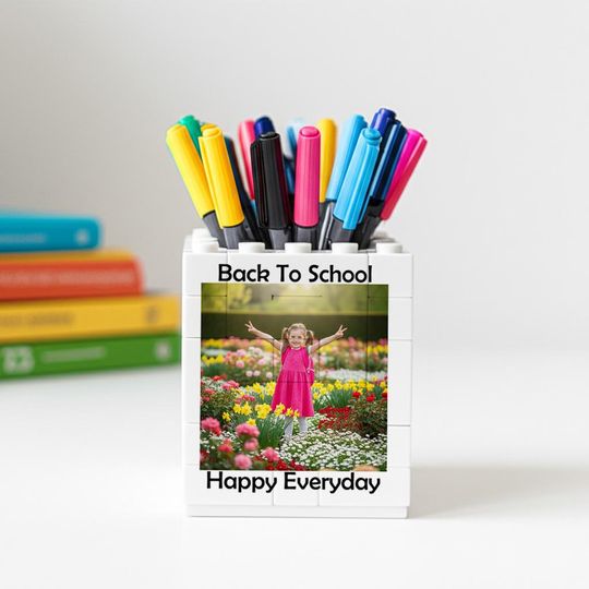 Discover Personalised Back to School Brick Desk Pencil Pot, Custom Children's picture Bedroom Gift Pencil Pot