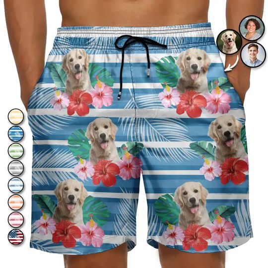 Discover          Custom Photo Human And Pet Face Tropical Striped - Personalized Unisex Beach Shorts       