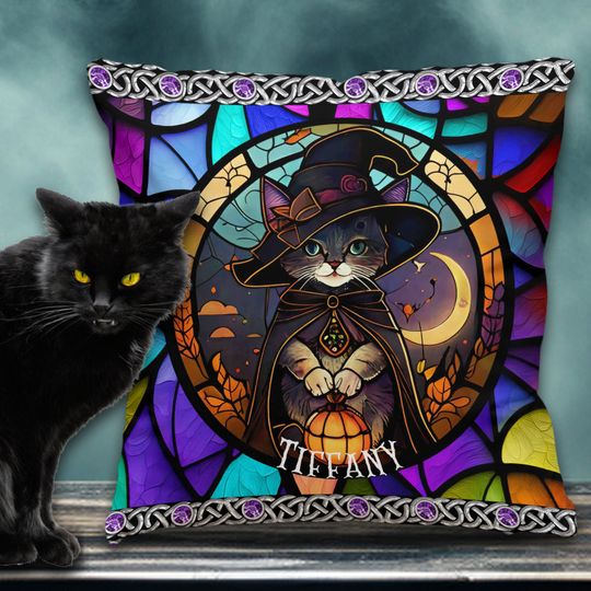 Discover Beautiful Stained Glass Witch Black Cat - Personalized Black Cat Throw Pillow