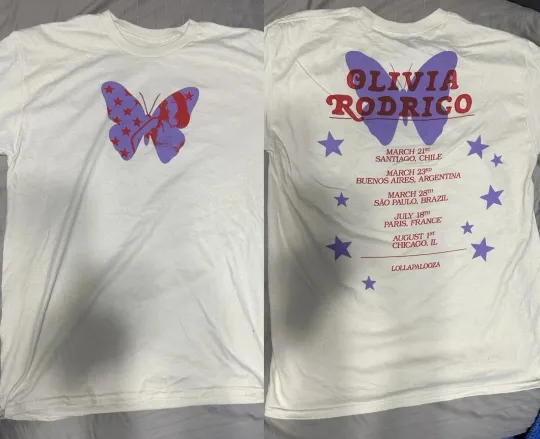 Discover Olivia Rodrigo Butterfly Lollapalooza 2025  White Reprinted T-Shirt Fan
