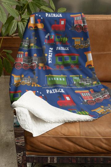Discover Personalized Train Blanket, Custom Goods Wagons Minky Blanket, Customized Steam Locomotive Sherpa Blankie, Boys Birthday Gift, Bedroom Throw