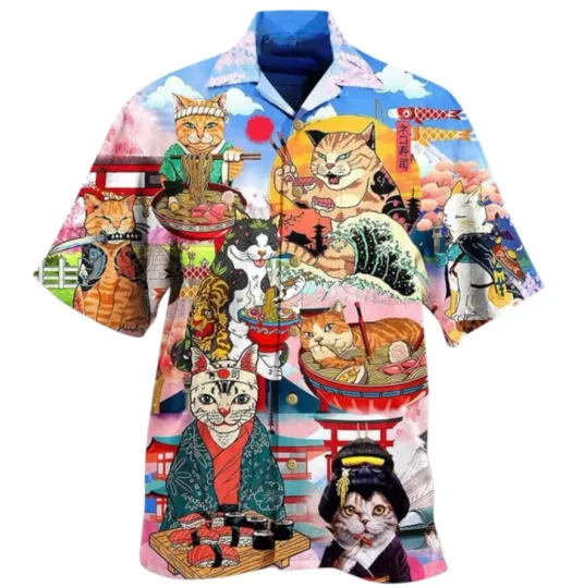 Discover Cat Samurai With Ramen Lovely Hawaiian Shirt, shirt US size