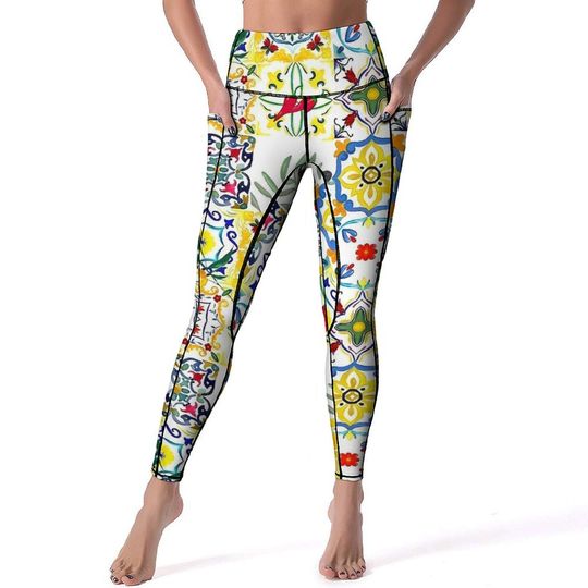 Discover Retro Leggings Citrus Olives Tiles Gym Leggings