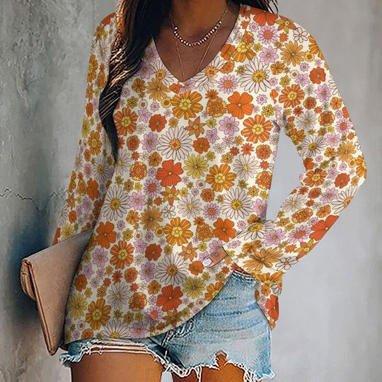 Discover Retro Floral Women Long Sleeve Tshirt loose fit, Flowers Orange Pink Vintage Shirt