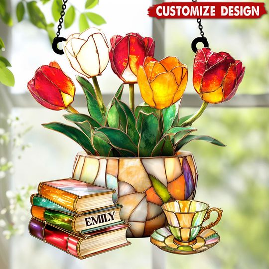 Discover Nostalgic Tulips, Books, And Tea - Personalized Window Hanging Suncatcher