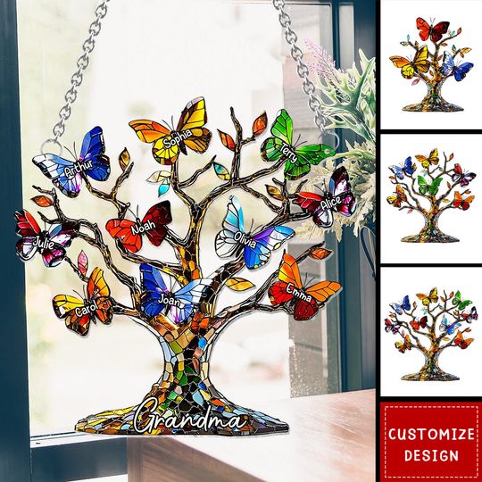Discover Personalized Grandma Mom Butterfly Tree Window Hanging Suncatcher