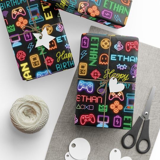 Discover Personalized Neon Video Game Birthday Wrapping Paper, Custom Gamer Gift Wrap