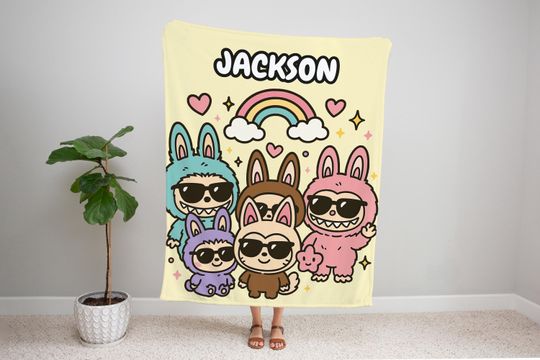 Discover Personalized Labubu Baby Blanket – Custom Name Kids Throw, Blue and Pink Nursery Blanket, Cozy Gift for Baby Boys & Girls