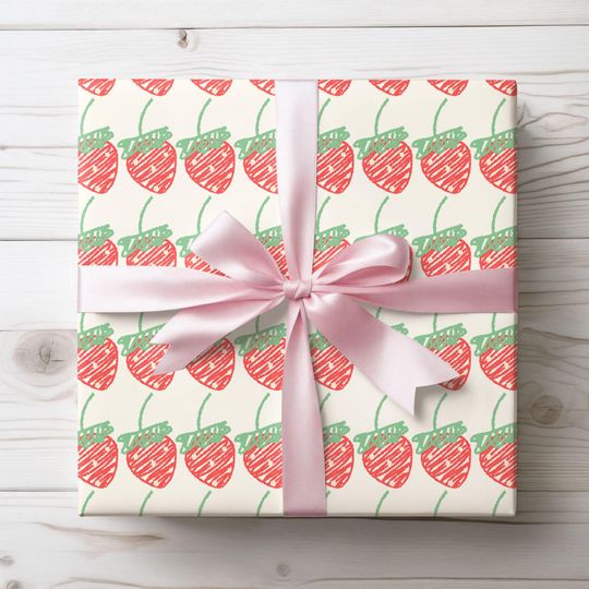 Discover Wrapping Papers, Strawberry Sketch on Cream Background - Gift Wrap, Fruit Theme, Birthday Packaging, Floral Pattern, Holiday Decor