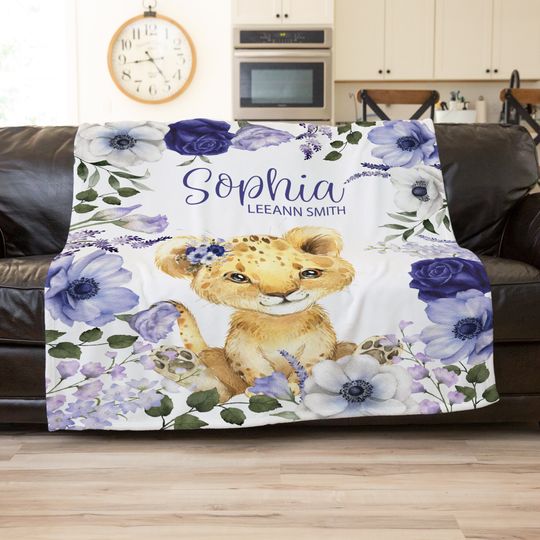 Discover Lion Baby Girl Personalized Blanket, Custom Name Baby Blanket, Safari Baby Shower Gift