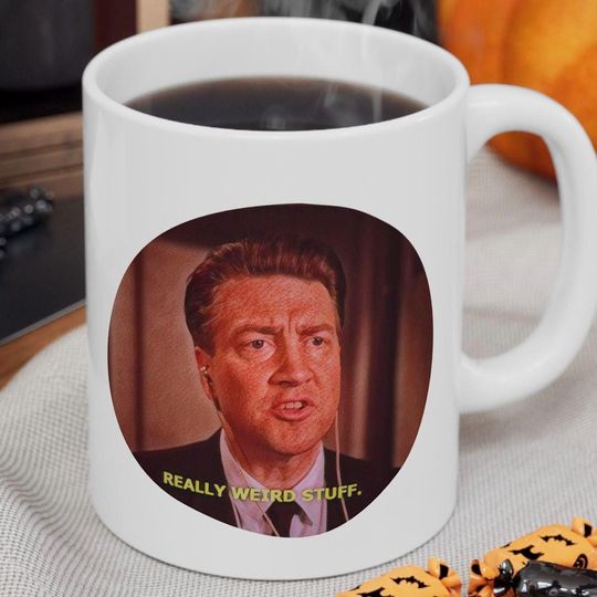 Discover David Lynch, Gordon Cole Fan Art, Cracked Paint look, Weird Stuff Quote Mug