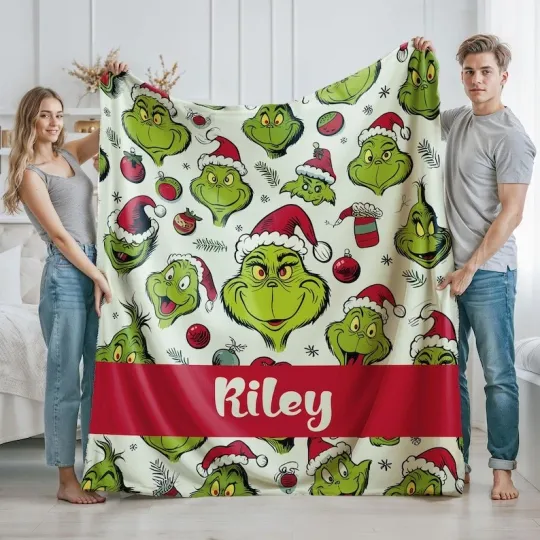 Discover Custom Name funny character Blanket, Cartoon Blanket For Boy and Girl, Green Christmas
