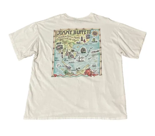 Discover Vintage Jimmy Buffett Tour T Shirt Men's Y2K White The Year of Still Here, Reprint