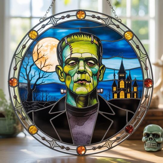 Discover Frankenstein Stained Glass Suncatcher, Halloween Horror Window Decor, Classic Monster Ornament, Gothic Creepy Window Hanging Decor