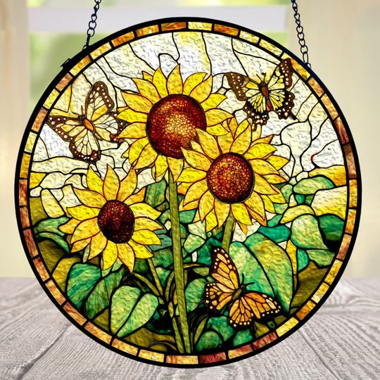 Discover Sunflower Stained Glass Suncatcher, Butterfly Round Window Decor, Floral Hanging Suncatcher, Yellow Flower Window Hanging Decor Gift