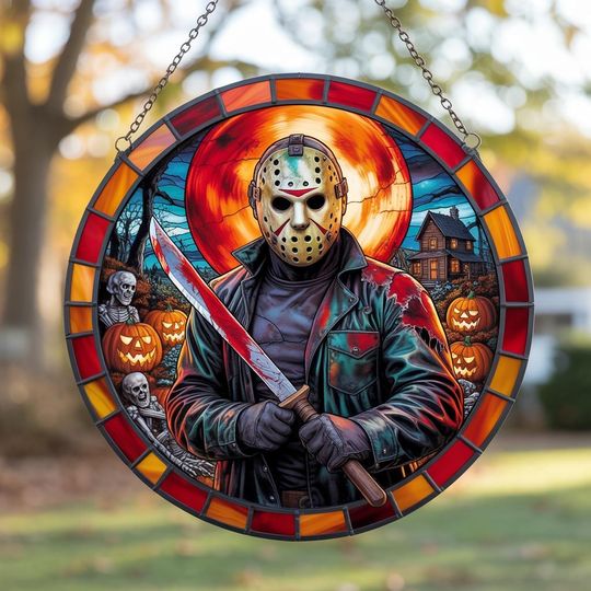 Discover Jason Voorhees Stained Glass Suncatcher, Halloween Horror Window Decor, Friday the 13th Stained Glass Suncatcher, Spooky Light Catcher