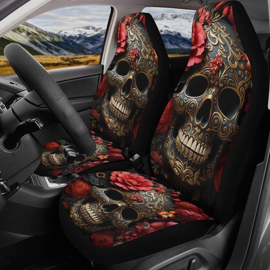 Discover Grim reaper car seat belt covers, flower skull car seat cover full set, flower skull washable car seat covers, Spooky Halloween slip-on seat