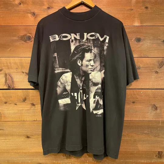 Discover Bon Jovi World Tour 1993 90s Retro style Black T shirt Heavy Cotton NH22914