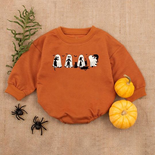 Discover Ghost Cat Halloween Baby Romper, Cute Ghost Black Cat Baby Romper Sweatshirts