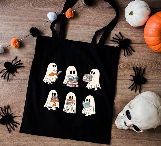 Discover Bookish Ghost Tote Bag, Literary Halloween Tote, Spooky Bookworm Gift, Reader Gift Bag, Book Lover Gift, Halloween Tote, Halloween Purse
