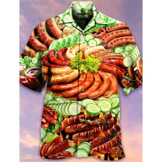 Discover 3D Print Sausage Food Graphic Hawaiian Shirts For Men Summer Short Sleeve Cuban Collar Casual Holiday Festival Beach Shirts