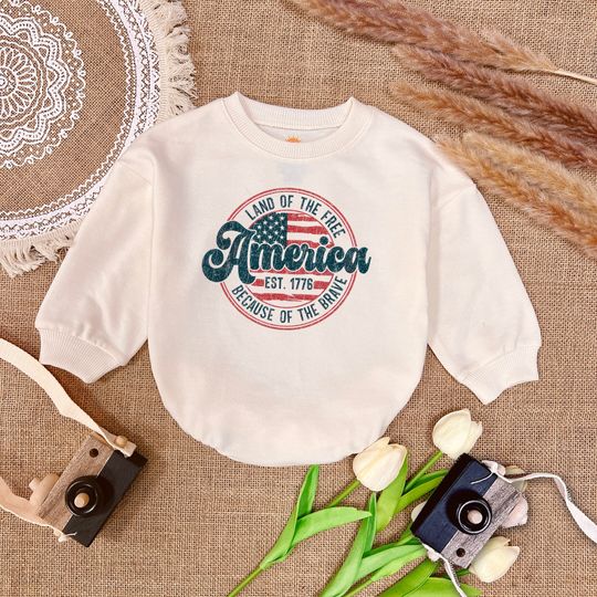 Discover Land Of The Free Because Of The Brave Retro Baby Romper, 1st Fourth of July Baby Clothes,Patriotic New Baby Gift, USA Baby romper sweatshirt