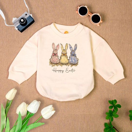 Discover Happy Easter Baby Romper with Floral Chinoiserie Bunny