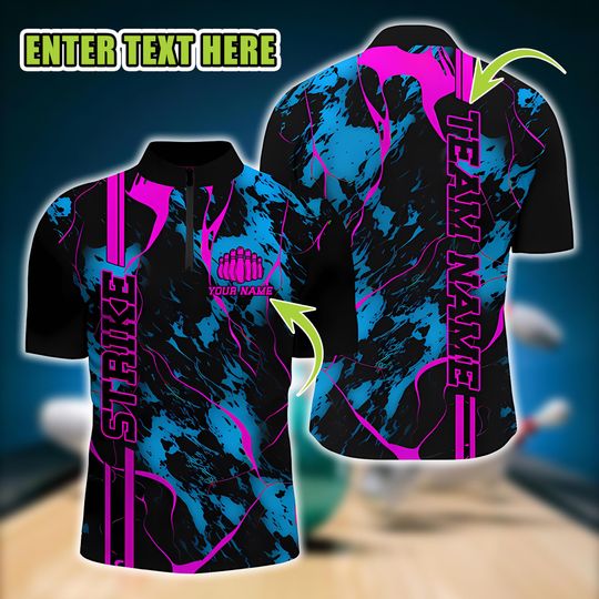 Discover Personalized Blue Pink Bowling Polo for Men, Custom Camo Strike Shirt, Team Bowling Uniform Shirt, Gift for League Bowlers.