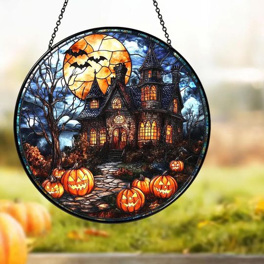 Discover Pumpkins House Stained Glass Halloween Suncatcher