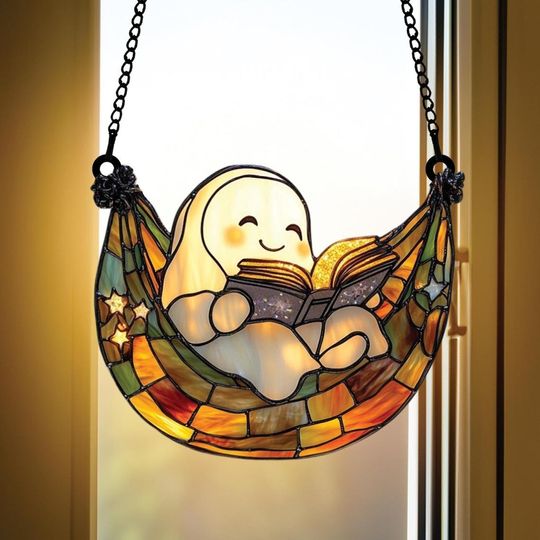 Discover Suncatcher Ghost Reading Book in Bed, Spooky Season Suncatcher