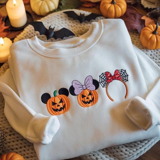 Discover Mickeyy Pumpkin Halloween Embroidered Sweatshirt, Disneyyland Halloween Shirt, Coquette Bow Disneyyy Halloween Shirt, Minniee Halloween Shirt