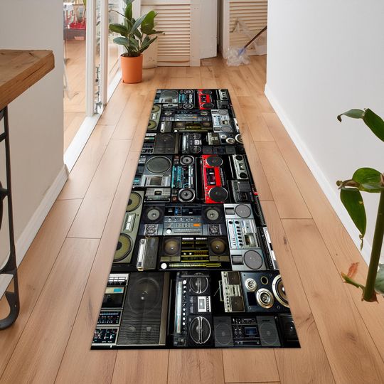 Discover Boom Box Runner Rug, Retro Music Rug, Nostalgic Music Box