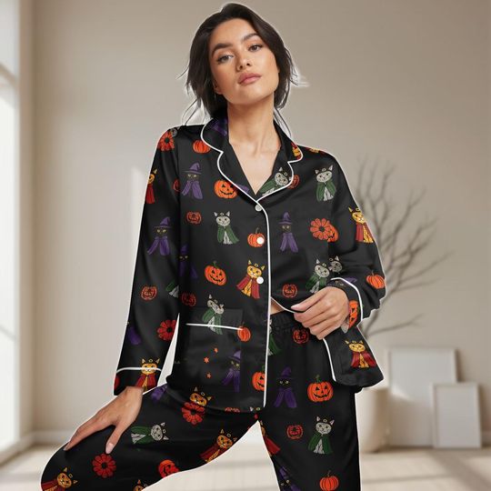 Discover Halloween Cat Long Satin Pajama Set, Witch Cat Women Pajamas