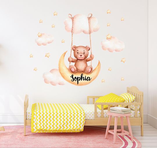 Discover Personalized Teddy Bear Cloud Wall Decal – Custom Name Moon & Stars Sticker for Kids