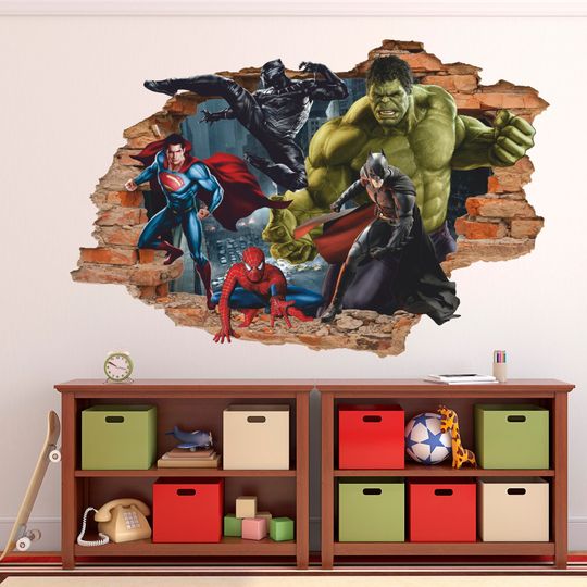 Discover Superheroes 3D Wall Decal, Superhero Wall Sticker, Wall Decals, Wall Art, Decor